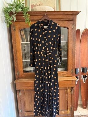 Anthropologie Black Maxi Jumpsuit with Tan Polka Dots